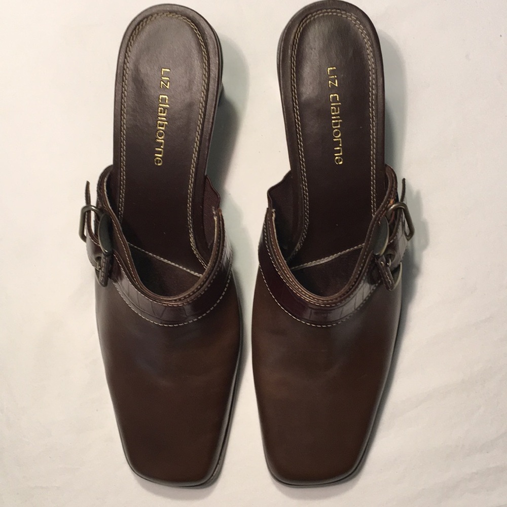 Liz Claiborne Dark Brown Leather Buckle Mules